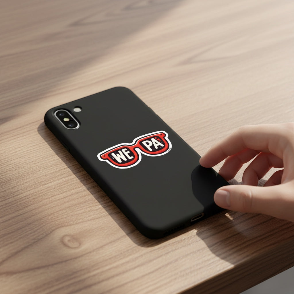 Chévereh Wepa sunglasses vinyl sticker with red frames and white lettering on a black phone case.