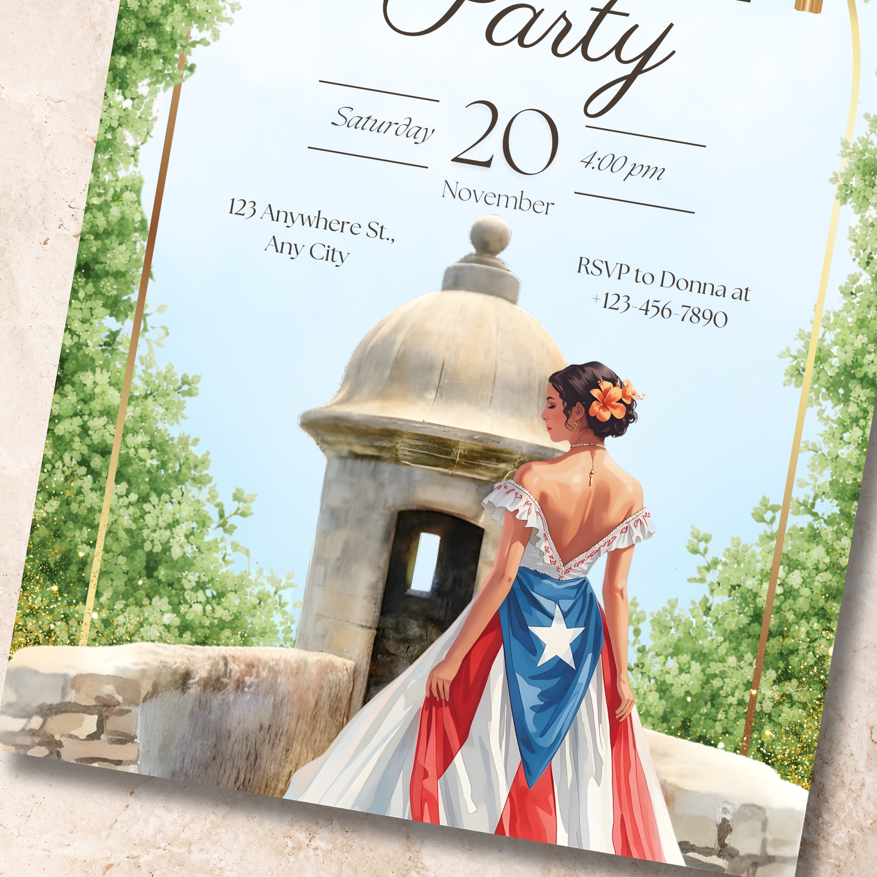 Chévereh digital invitation features a woman in a Puerto Rican flag dress at El Morro, San Juan. Perfect for cultural celebrations.