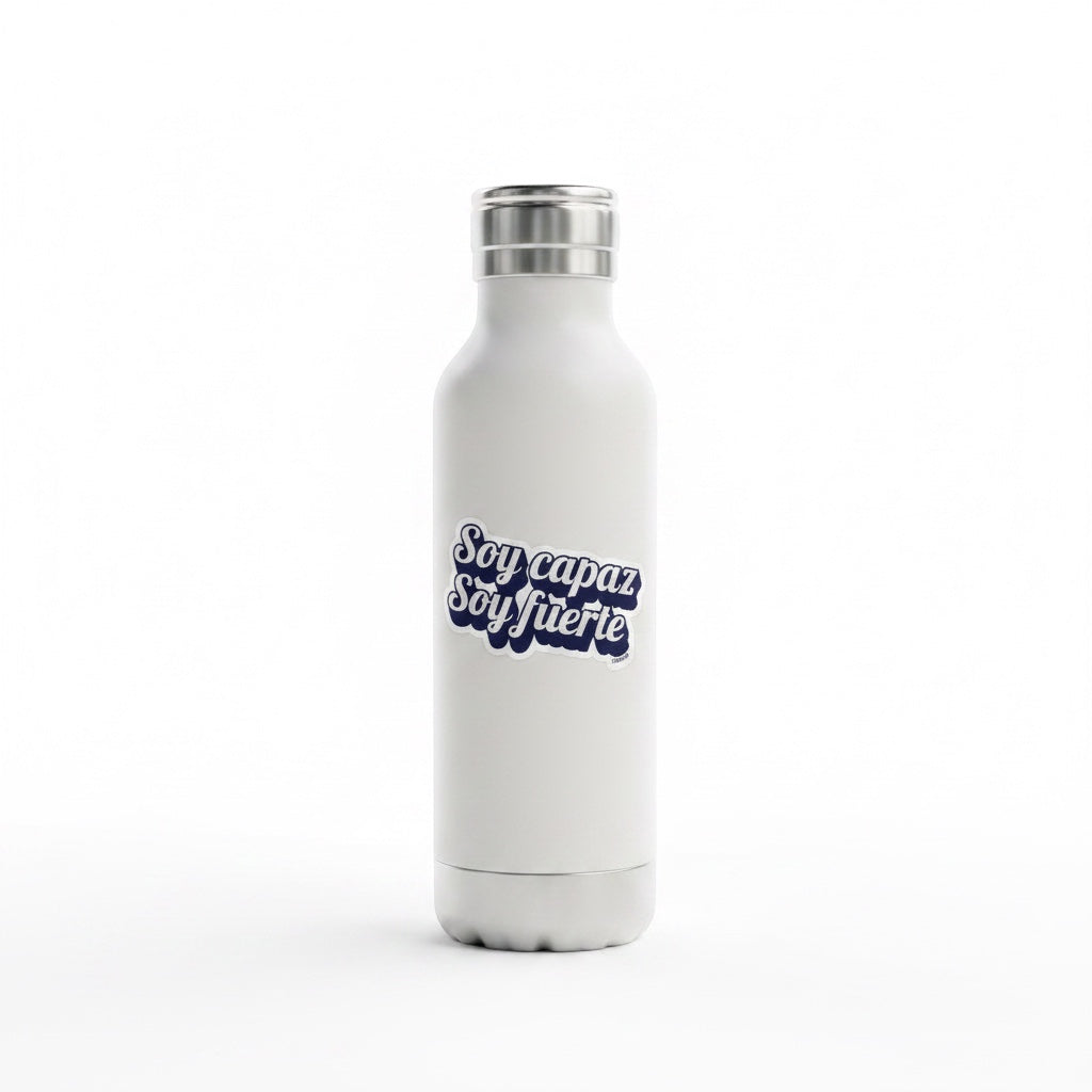 Chévereh Soy Fuerte sticker with blue lettering on a white water bottle. Waterproof vinyl.