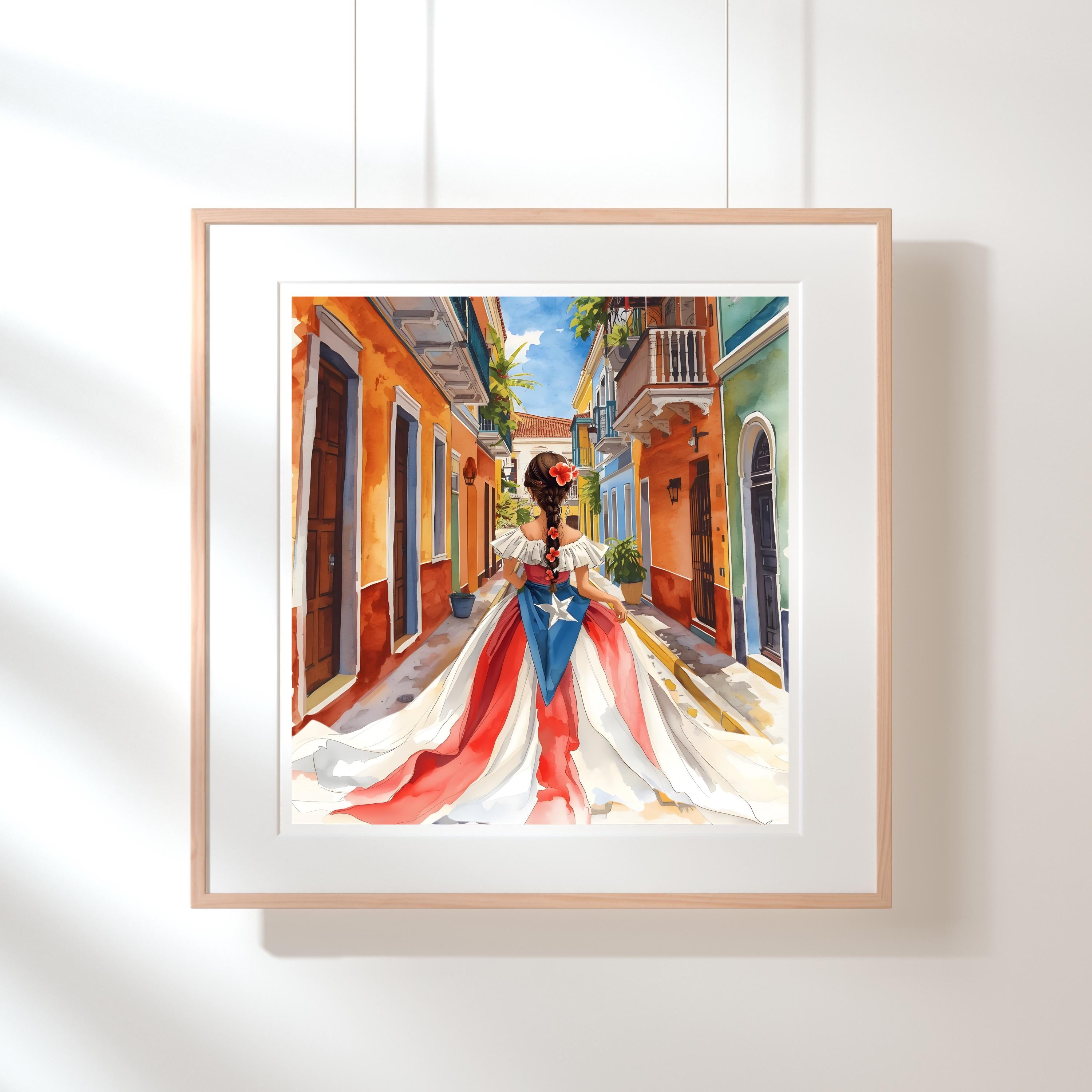 Puerto Rican Girl Art Print  Old San Juan, Flag Dress (PNG & PDF)