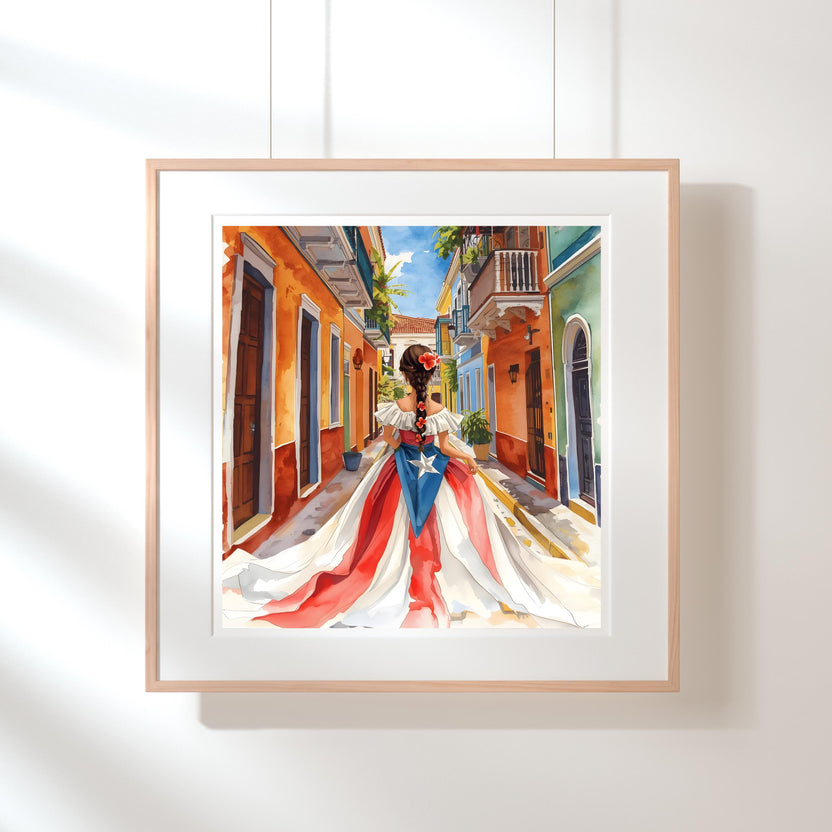 Puerto Rican Girl Art Print  Old San Juan, Flag Dress (PNG & PDF)