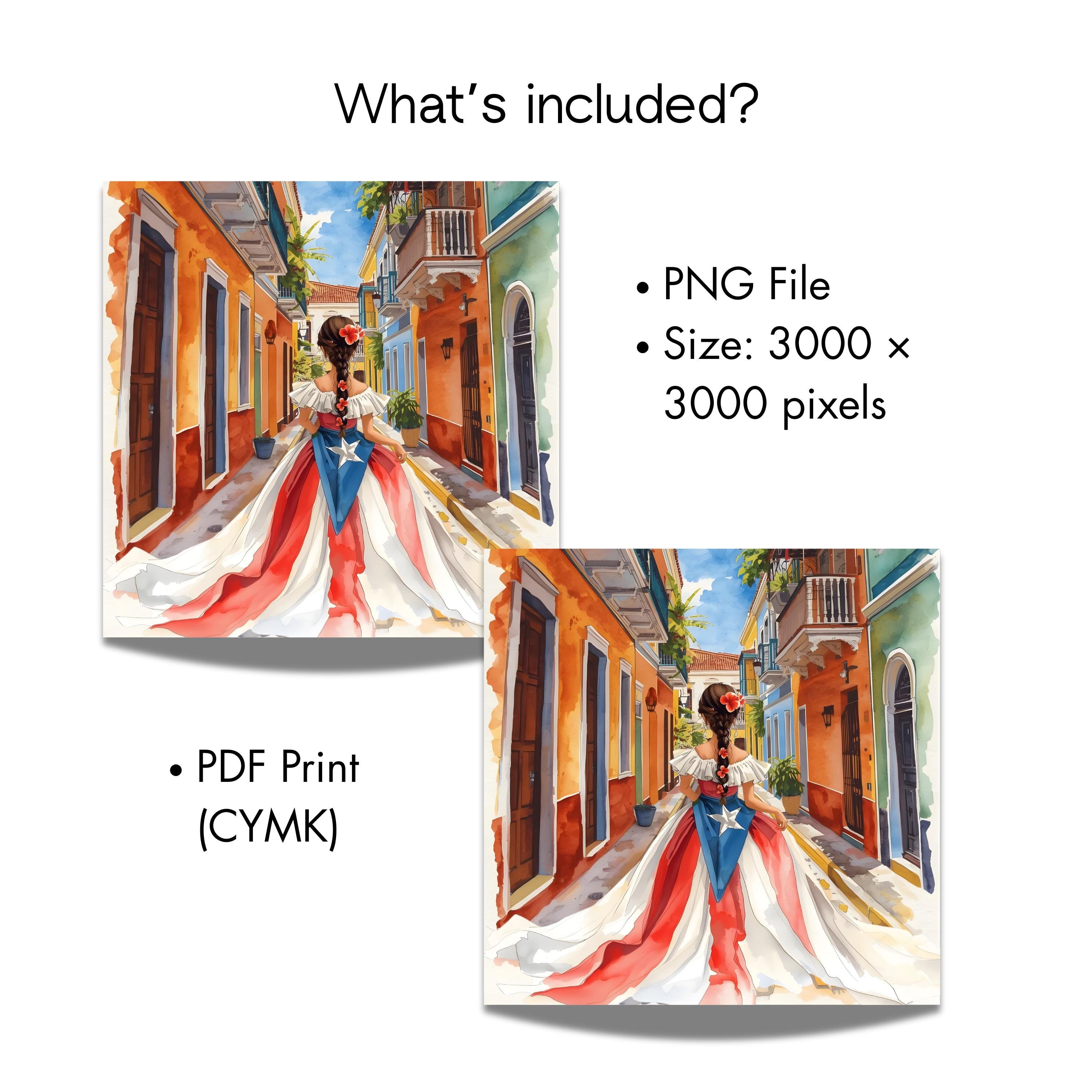 Puerto Rican Girl Art Print  Old San Juan, Flag Dress (PNG & PDF)