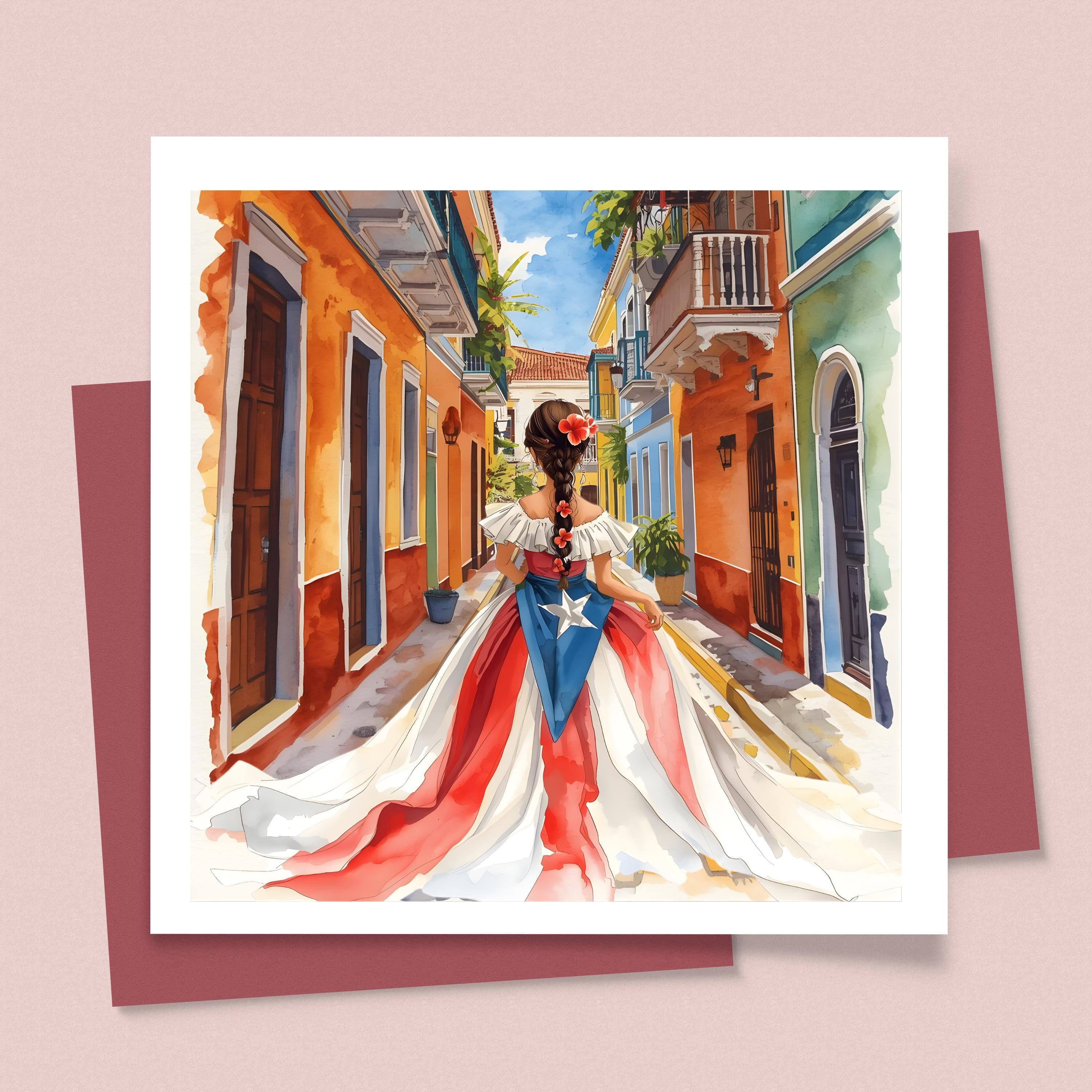 Puerto Rican Girl Art Print  Old San Juan, Flag Dress (PNG & PDF)
