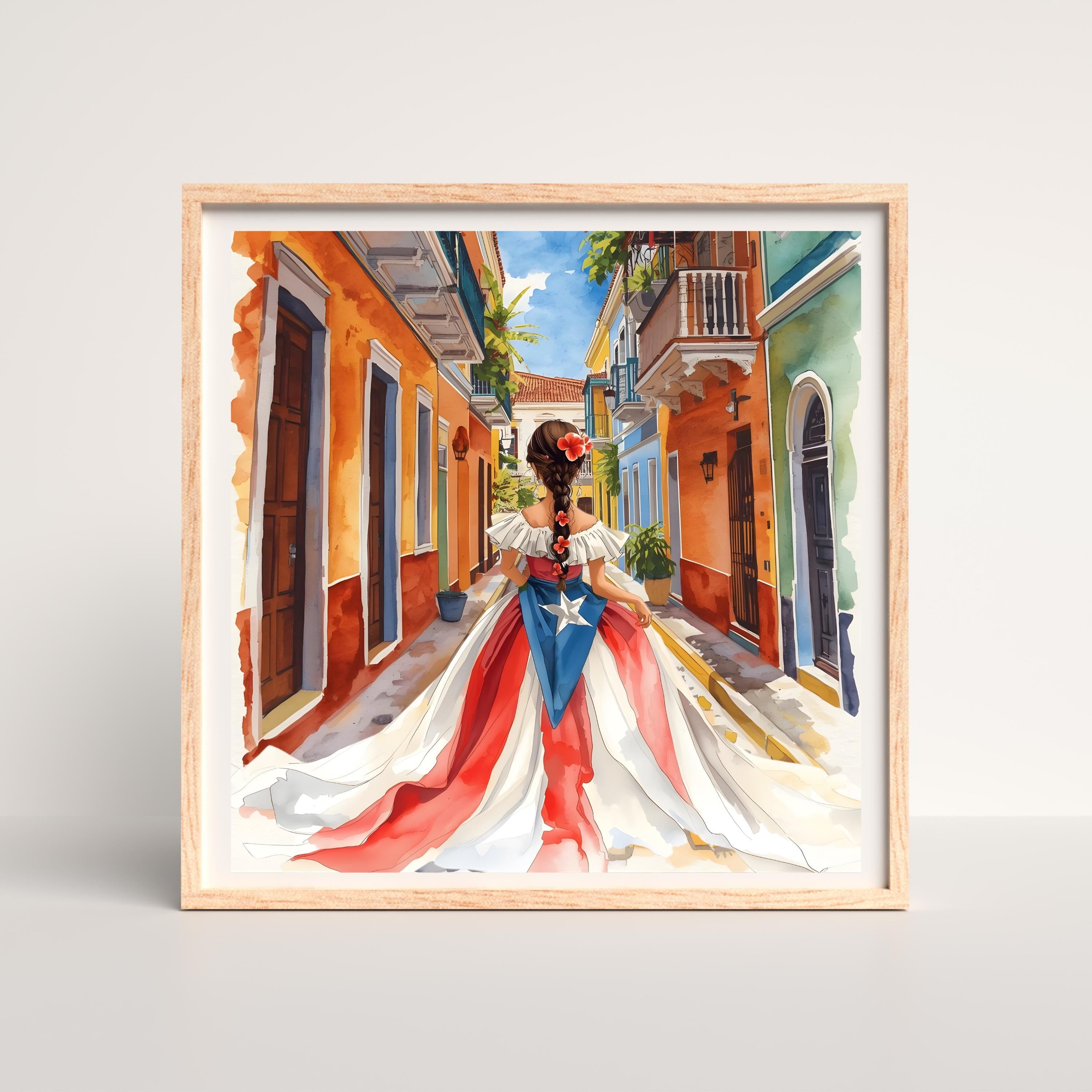 Puerto Rican Girl Art Print  Old San Juan, Flag Dress (PNG & PDF)