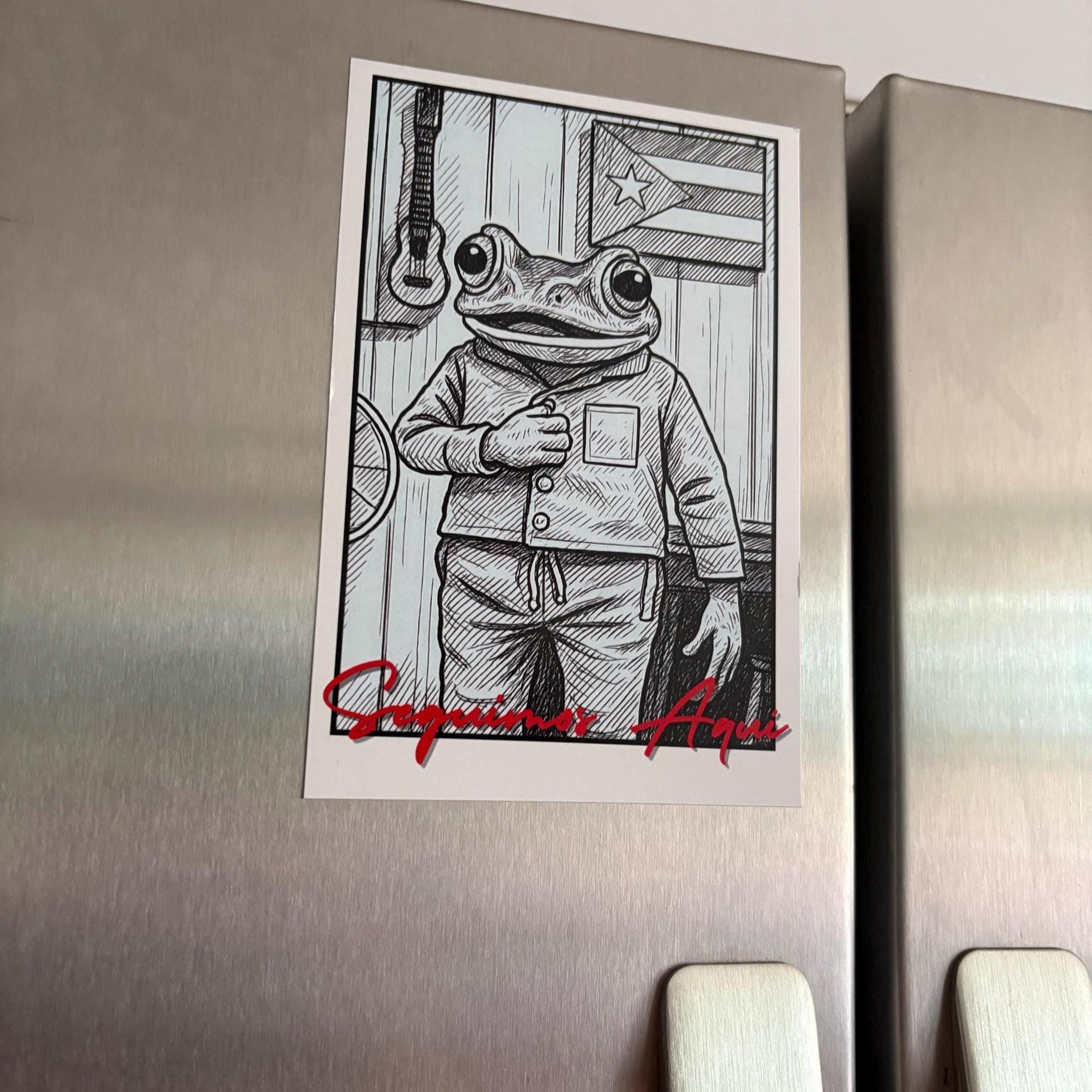 Seguimos Aquí Frog Magnet  Puerto Rican Flag Art, 4x6 Boricua Resilience Decor, Fridge Magnet
